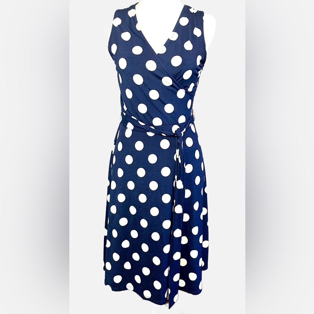 Mix by 41 Hawthorn Navy Blue White Polka Dot Faux Wrap Dress Small‎